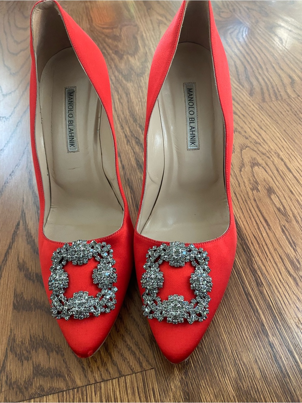 Manolo Blahnik Red Satin Pointed Toe Pumps with Crystal Buckles